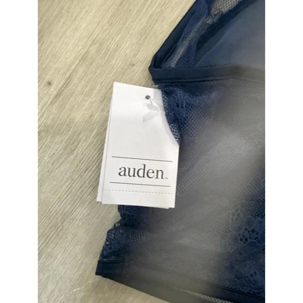 NWT Auden Women's Satin & Lace Longline Unlined Bralette Navy Blue Size Large